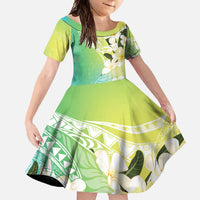 Aloha Hawaii Festive Family Matching Short Sleeve Bodycon Dress and Hawaiian Shirt Frangipani Lace Classic - Summer Vibes LT7 Daughter's Dress Blue Green - Polynesian Pride