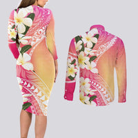 Aloha Hawaii Festive Couples Matching Long Sleeve Bodycon Dress and Long Sleeve Button Shirt Frangipani Lace Classic - Spring Vibes LT7 - Polynesian Pride