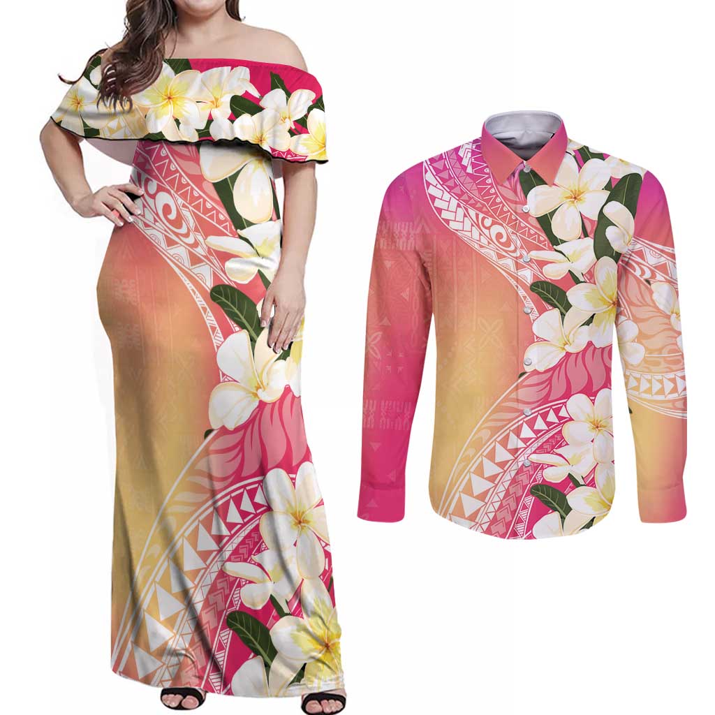 Aloha Hawaii Festive Couples Matching Off Shoulder Maxi Dress and Long Sleeve Button Shirt Frangipani Lace Classic - Spring Vibes LT7 Colorful - Polynesian Pride