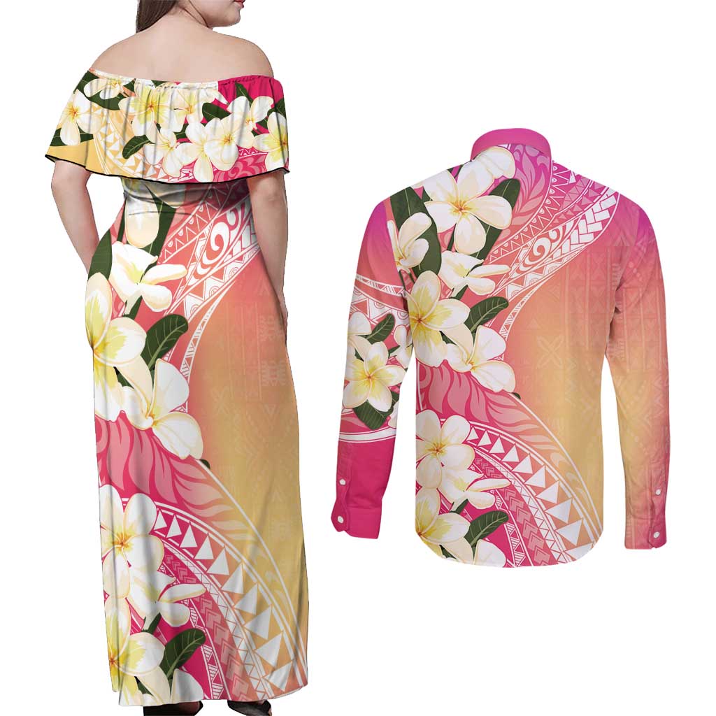 Aloha Hawaii Festive Couples Matching Off Shoulder Maxi Dress and Long Sleeve Button Shirt Frangipani Lace Classic - Spring Vibes LT7 - Polynesian Pride