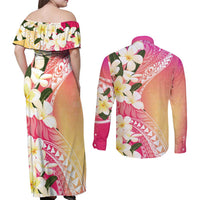 Aloha Hawaii Festive Couples Matching Off Shoulder Maxi Dress and Long Sleeve Button Shirt Frangipani Lace Classic - Spring Vibes LT7 - Polynesian Pride