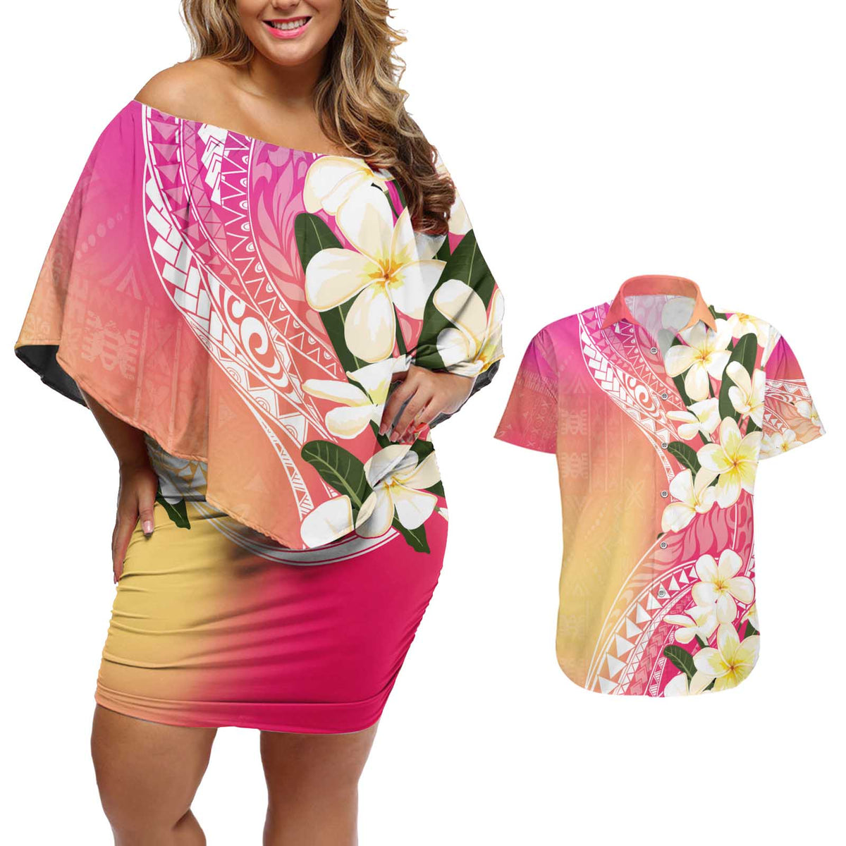 Aloha Hawaii Festive Couples Matching Off Shoulder Short Dress and Hawaiian Shirt Frangipani Lace Classic - Spring Vibes LT7 Colorful - Polynesian Pride
