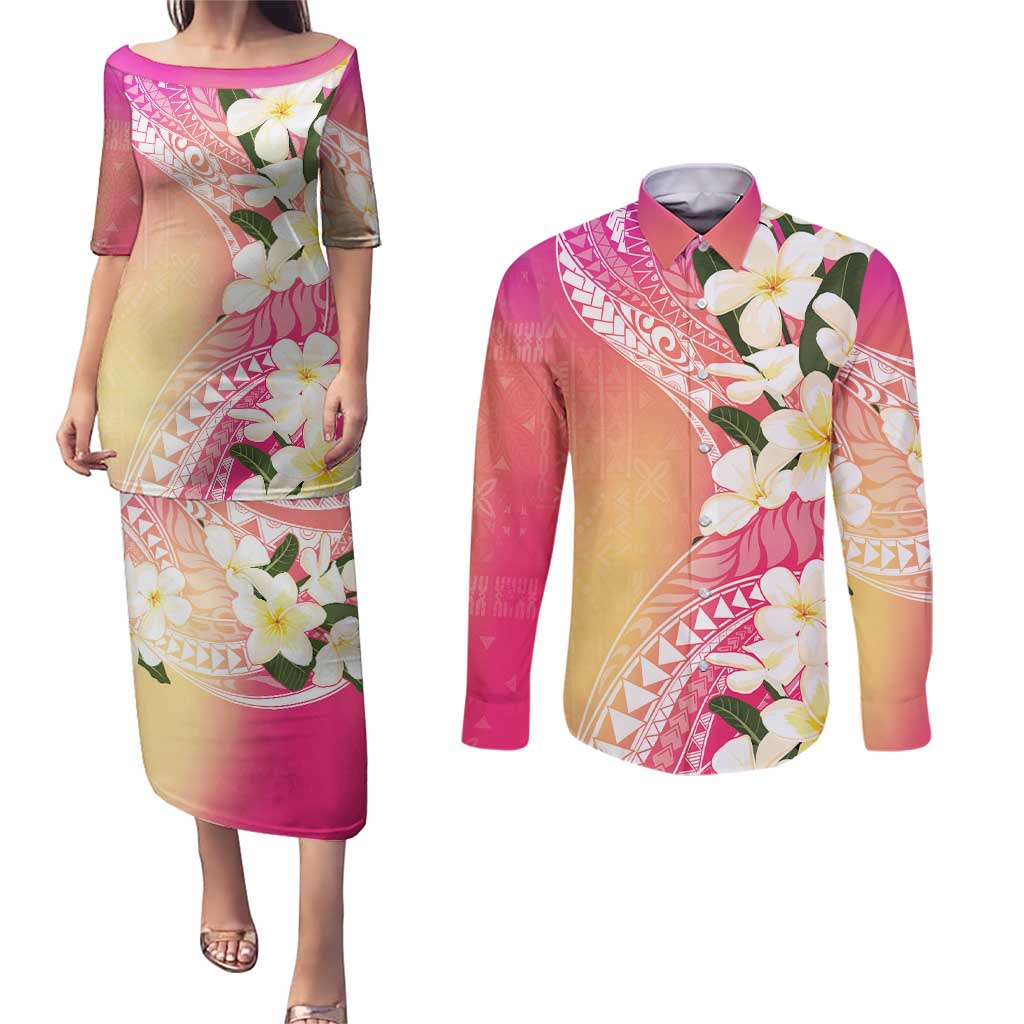 Aloha Hawaii Festive Couples Matching Puletasi and Long Sleeve Button Shirt Frangipani Lace Classic - Spring Vibes LT7 Colorful - Polynesian Pride