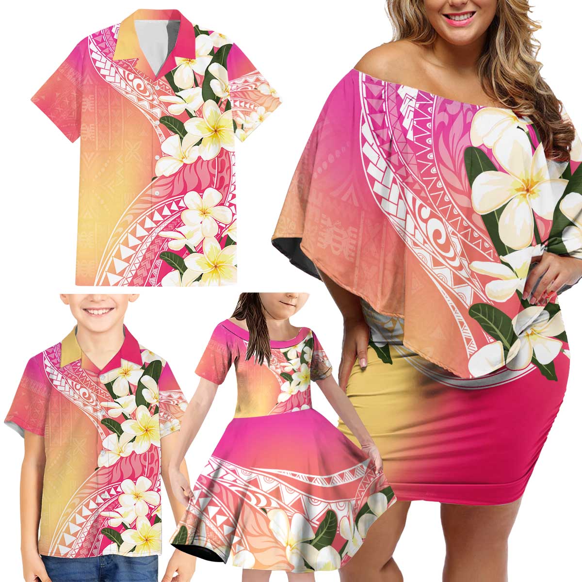 Aloha Hawaii Festive Family Matching Off Shoulder Short Dress and Hawaiian Shirt Frangipani Lace Classic - Spring Vibes