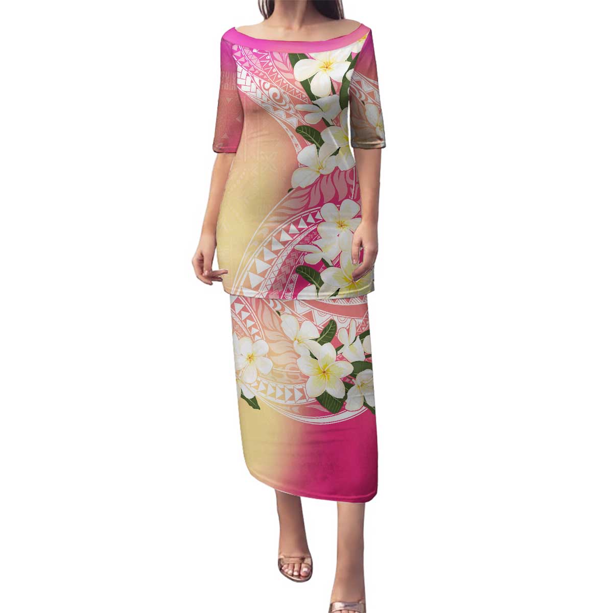 Aloha Hawaii Festive Family Matching Puletasi and Hawaiian Shirt Frangipani Lace Classic - Spring Vibes LT7 Mom's Dress Colorful - Polynesian Pride