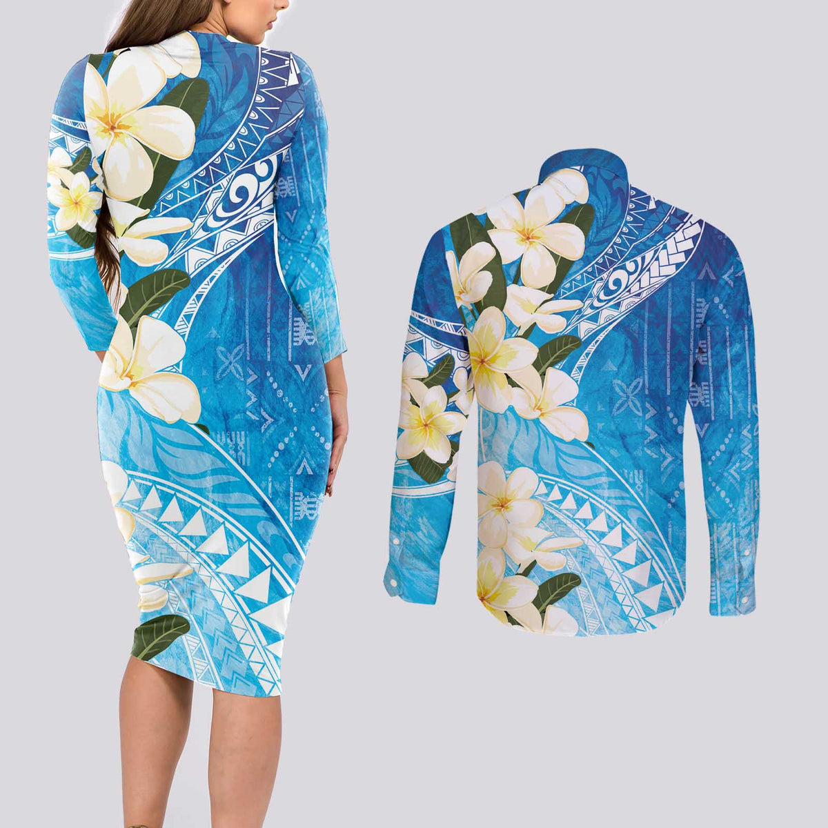 Aloha Hawaii Festive Couples Matching Long Sleeve Bodycon Dress and Long Sleeve Button Shirt Frangipani Lace Classic - Oceanic LT7 - Polynesian Pride