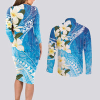 Aloha Hawaii Festive Couples Matching Long Sleeve Bodycon Dress and Long Sleeve Button Shirt Frangipani Lace Classic - Oceanic LT7 - Polynesian Pride