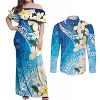 Aloha Hawaii Festive Couples Matching Off Shoulder Maxi Dress and Long Sleeve Button Shirt Frangipani Lace Classic - Oceanic LT7 Navy - Polynesian Pride