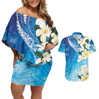Aloha Hawaii Festive Couples Matching Off Shoulder Short Dress and Hawaiian Shirt Frangipani Lace Classic - Oceanic LT7 Navy - Polynesian Pride