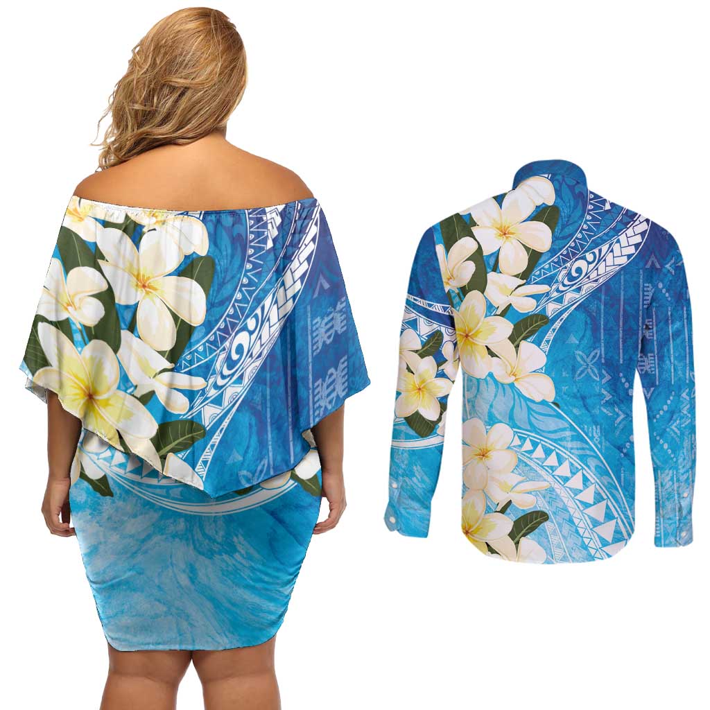 Aloha Hawaii Festive Couples Matching Off Shoulder Short Dress and Long Sleeve Button Shirt Frangipani Lace Classic - Oceanic LT7 - Polynesian Pride