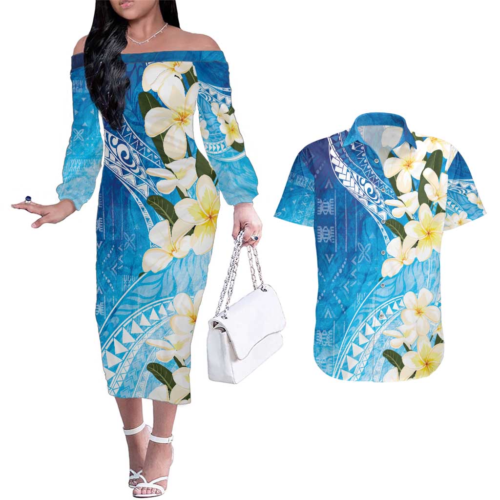 Aloha Hawaii Festive Couples Matching Off The Shoulder Long Sleeve Dress and Hawaiian Shirt Frangipani Lace Classic - Oceanic