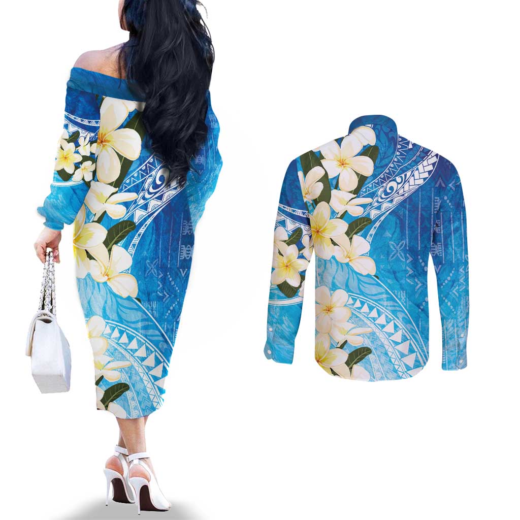Aloha Hawaii Festive Couples Matching Off The Shoulder Long Sleeve Dress and Long Sleeve Button Shirt Frangipani Lace Classic - Oceanic LT7 - Polynesian Pride