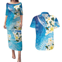 Aloha Hawaii Festive Couples Matching Puletasi and Hawaiian Shirt Frangipani Lace Classic - Oceanic LT7 Navy - Polynesian Pride