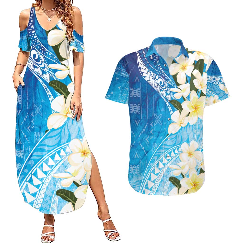 Aloha Hawaii Festive Couples Matching Summer Maxi Dress and Hawaiian Shirt Frangipani Lace Classic - Oceanic LT7 Navy - Polynesian Pride