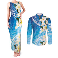 Aloha Hawaii Festive Couples Matching Tank Maxi Dress and Long Sleeve Button Shirt Frangipani Lace Classic - Oceanic LT7 Navy - Polynesian Pride