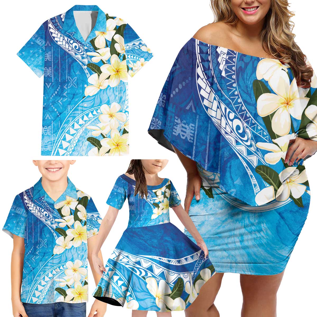 Aloha Hawaii Festive Family Matching Off Shoulder Short Dress and Hawaiian Shirt Frangipani Lace Classic - Oceanic