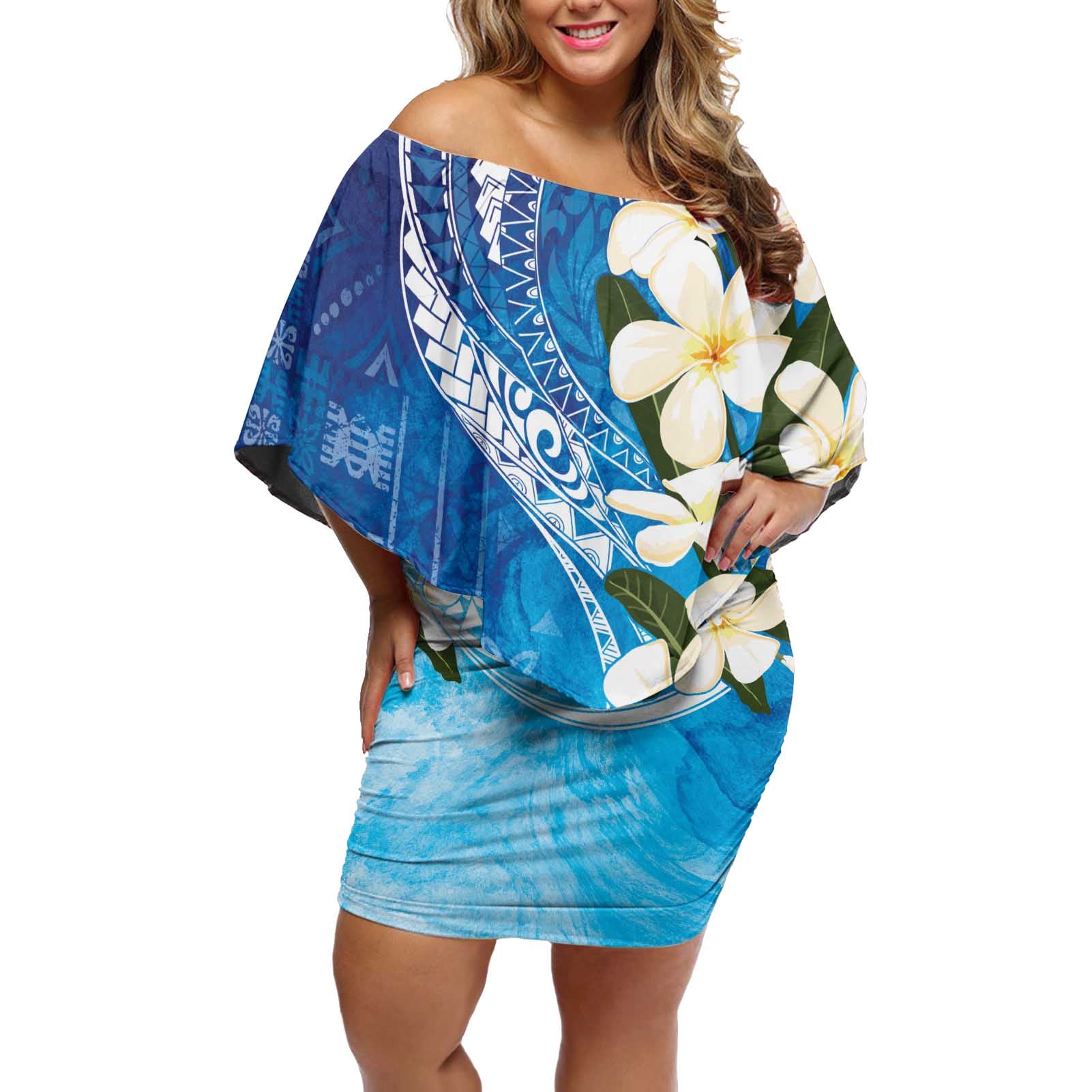 Aloha Hawaii Festive Off Shoulder Short Dress Frangipani Lace Classic - Oceanic