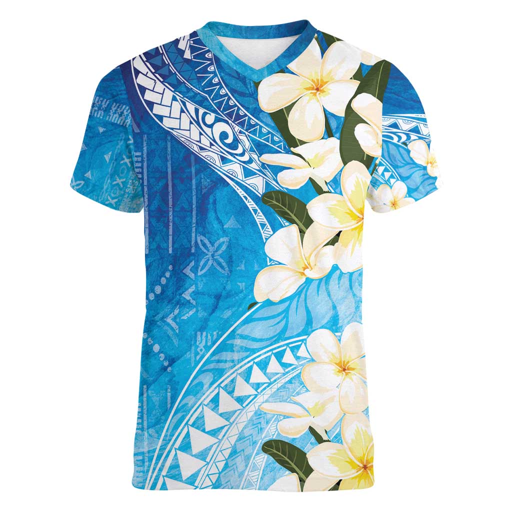 Aloha Hawaii Festive Women V-Neck T-Shirt Frangipani Lace Classic - Oceanic LT7 Female Navy - Polynesian Pride