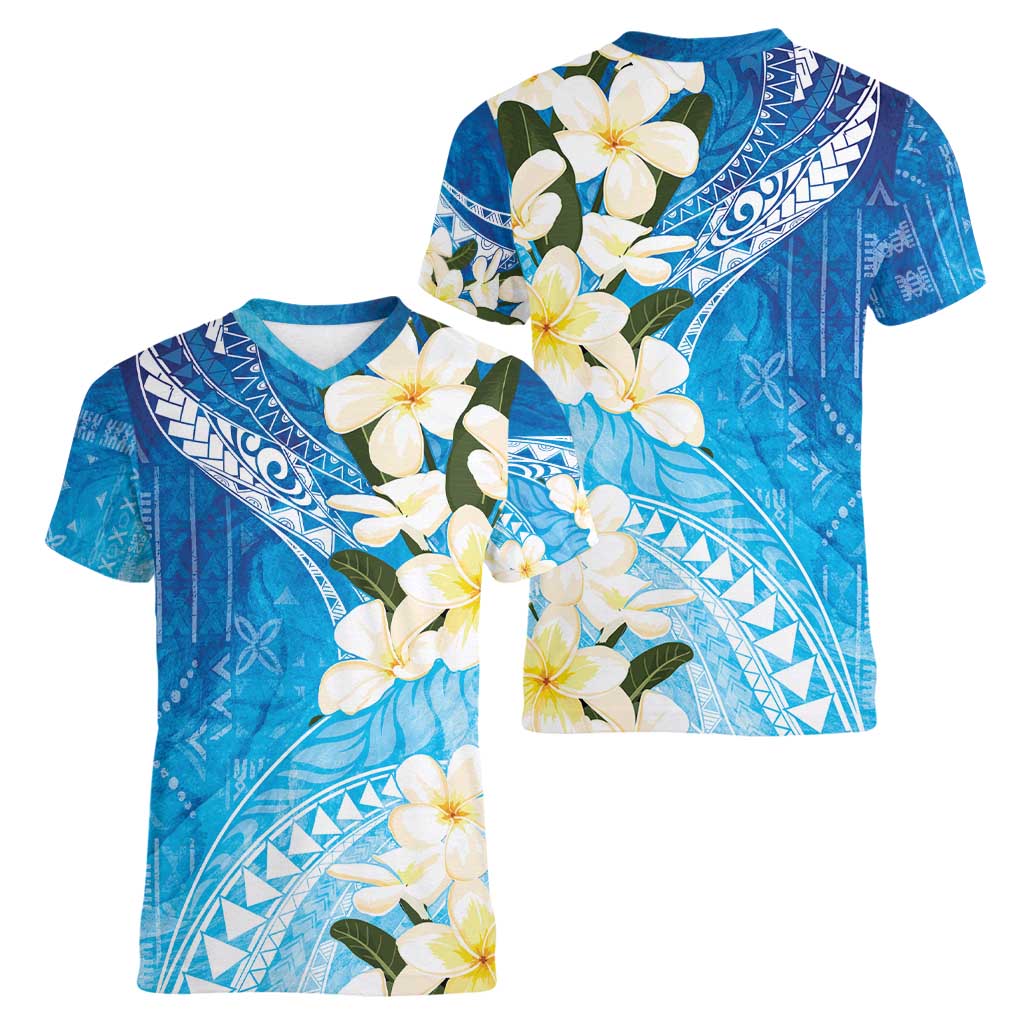 Aloha Hawaii Festive Women V-Neck T-Shirt Frangipani Lace Classic - Oceanic LT7 - Polynesian Pride