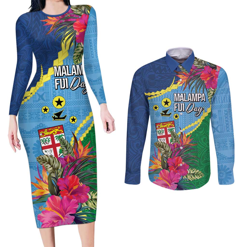 Personalized Malampa Fiji Day Together We Grow Couples Matching Long Sleeve Bodycon Dress and Long Sleeve Button Shirt Special Tapa Mix - Polynesian Pride