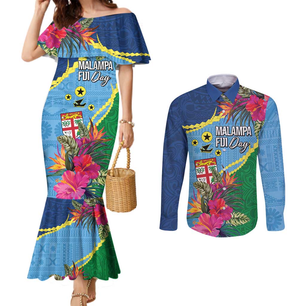 Personalized Malampa Fiji Day Together We Grow Couples Matching Mermaid Dress and Long Sleeve Button Shirt Special Tapa Mix - Polynesian Pride