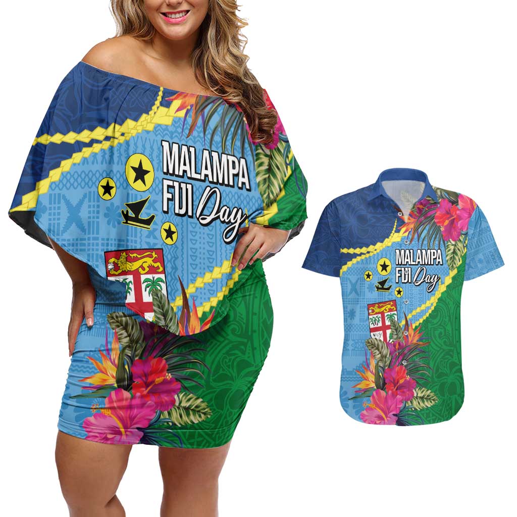 Personalized Malampa Fiji Day Together We Grow Couples Matching Off Shoulder Short Dress and Hawaiian Shirt Special Tapa Mix - Polynesian Pride