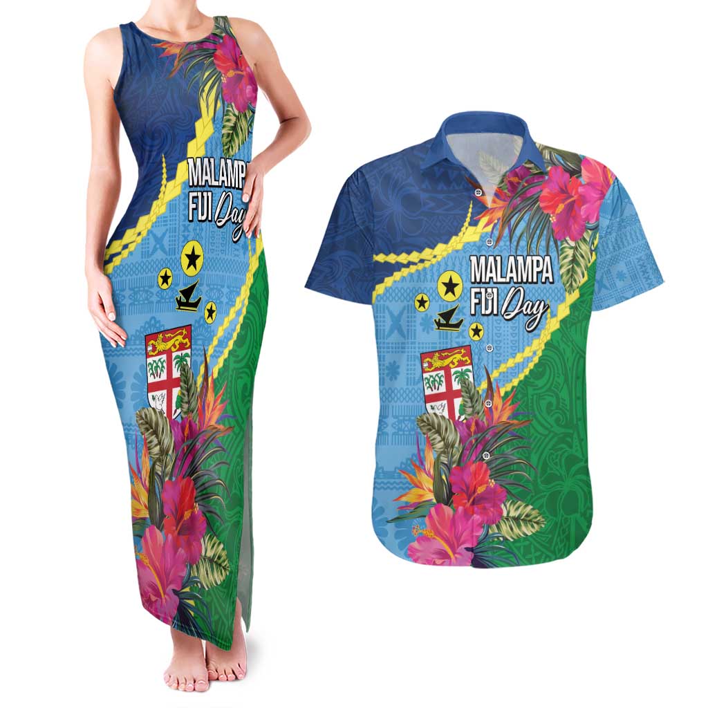 Personalized Malampa Fiji Day Together We Grow Couples Matching Tank Maxi Dress and Hawaiian Shirt Special Tapa Mix - Polynesian Pride