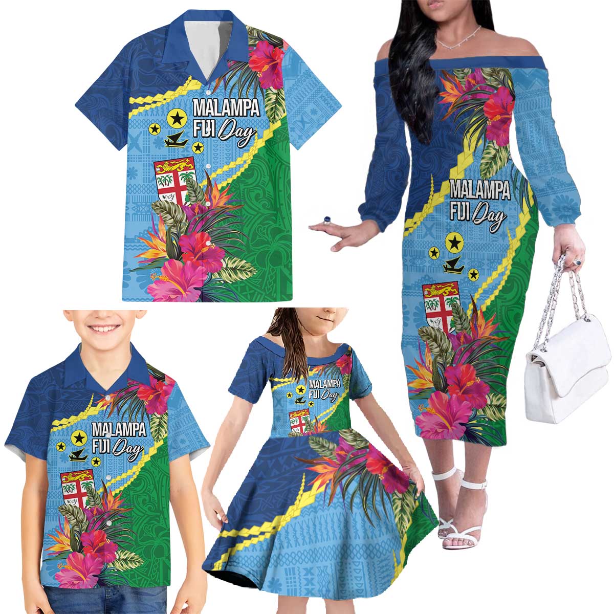 Personalized Malampa Fiji Day Together We Grow Family Matching Off The Shoulder Long Sleeve Dress and Hawaiian Shirt Special Tapa Mix - Polynesian Pride
