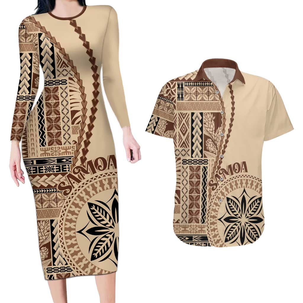 Samoa Siapo Motif Couples Matching Long Sleeve Bodycon Dress and Hawaiian Shirt Classic Style LT7