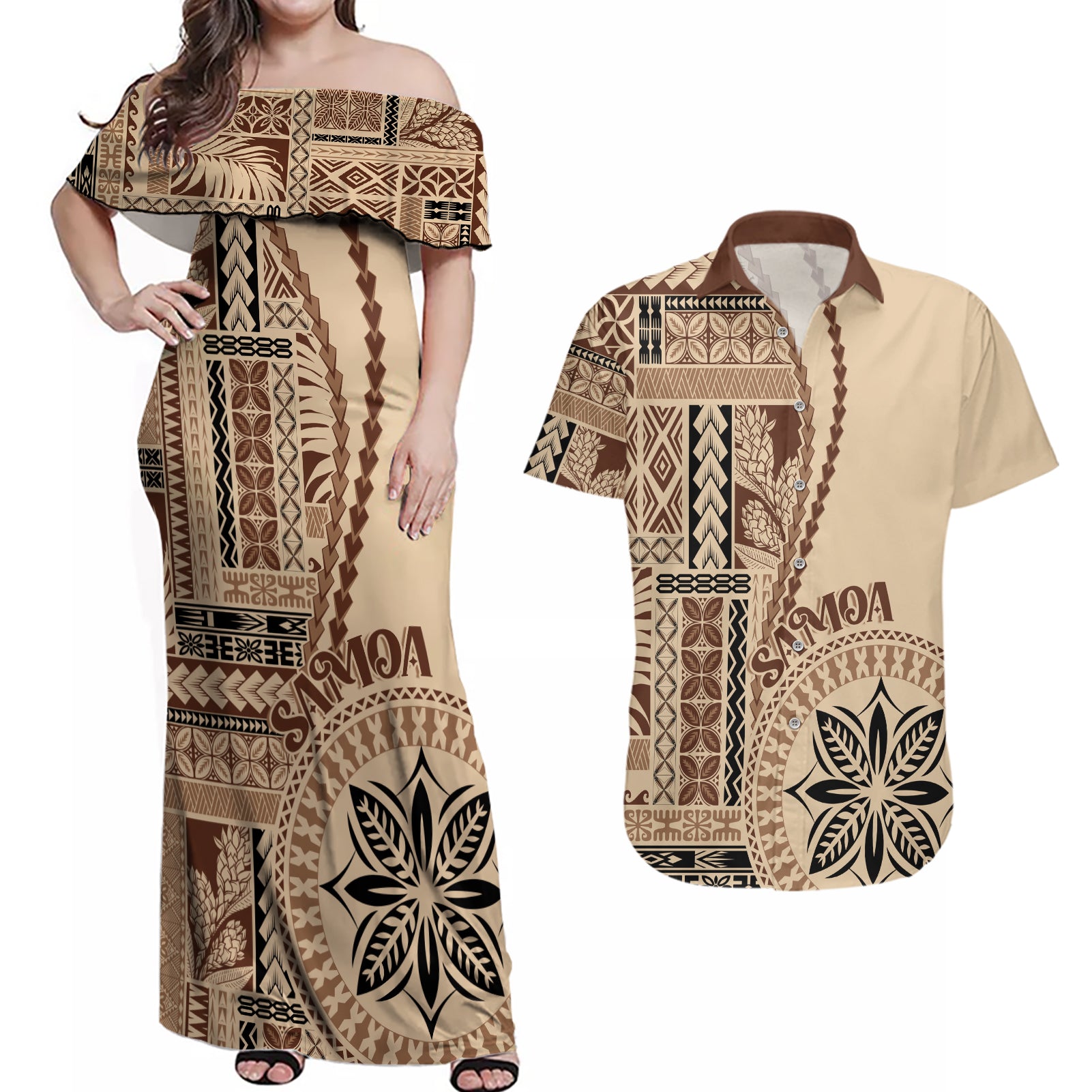 samoa-siapo-motif-couples-matching-off-shoulder-maxi-dress-and-hawaiian-shirt-classic-style