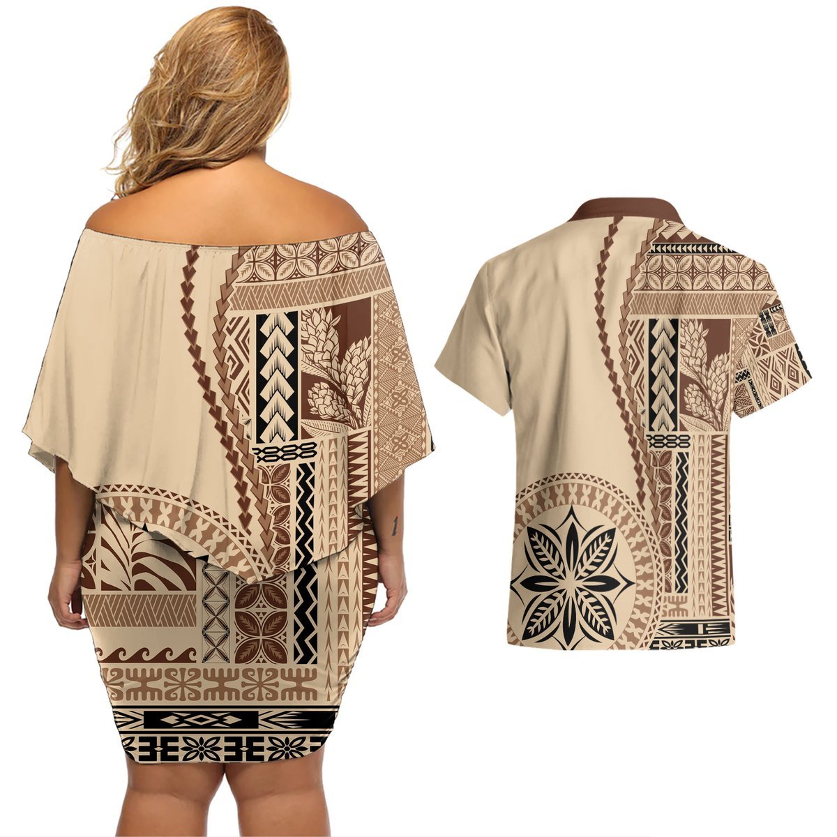 Samoa Siapo Motif Couples Matching Off Shoulder Short Dress and Hawaiian Shirt Classic Style LT7 - Polynesian Pride