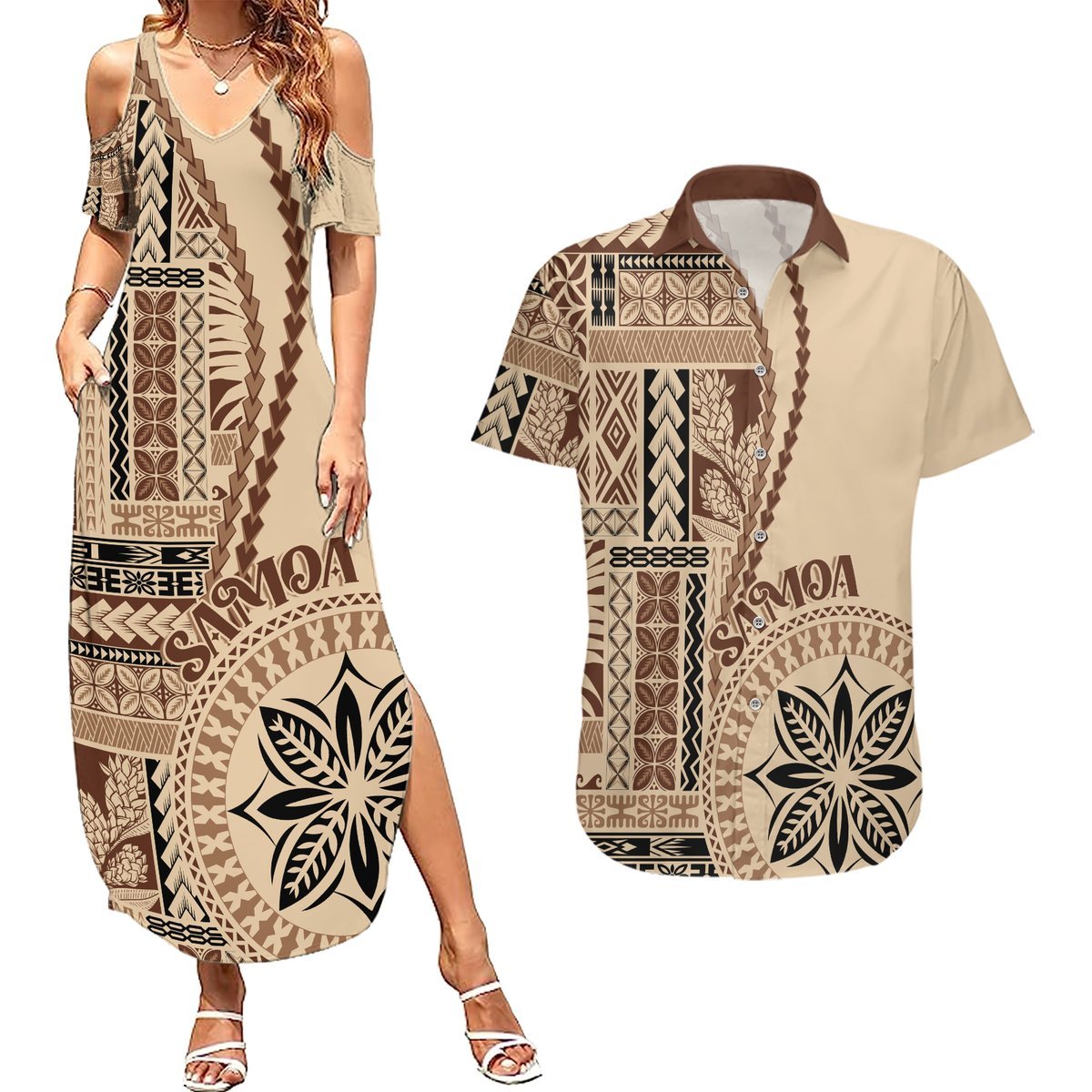 Samoa Siapo Motif Couples Matching Summer Maxi Dress and Hawaiian Shirt Classic Style LT7 Beige - Polynesian Pride
