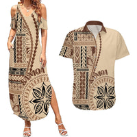 Samoa Siapo Motif Couples Matching Summer Maxi Dress and Hawaiian Shirt Classic Style LT7 Beige - Polynesian Pride