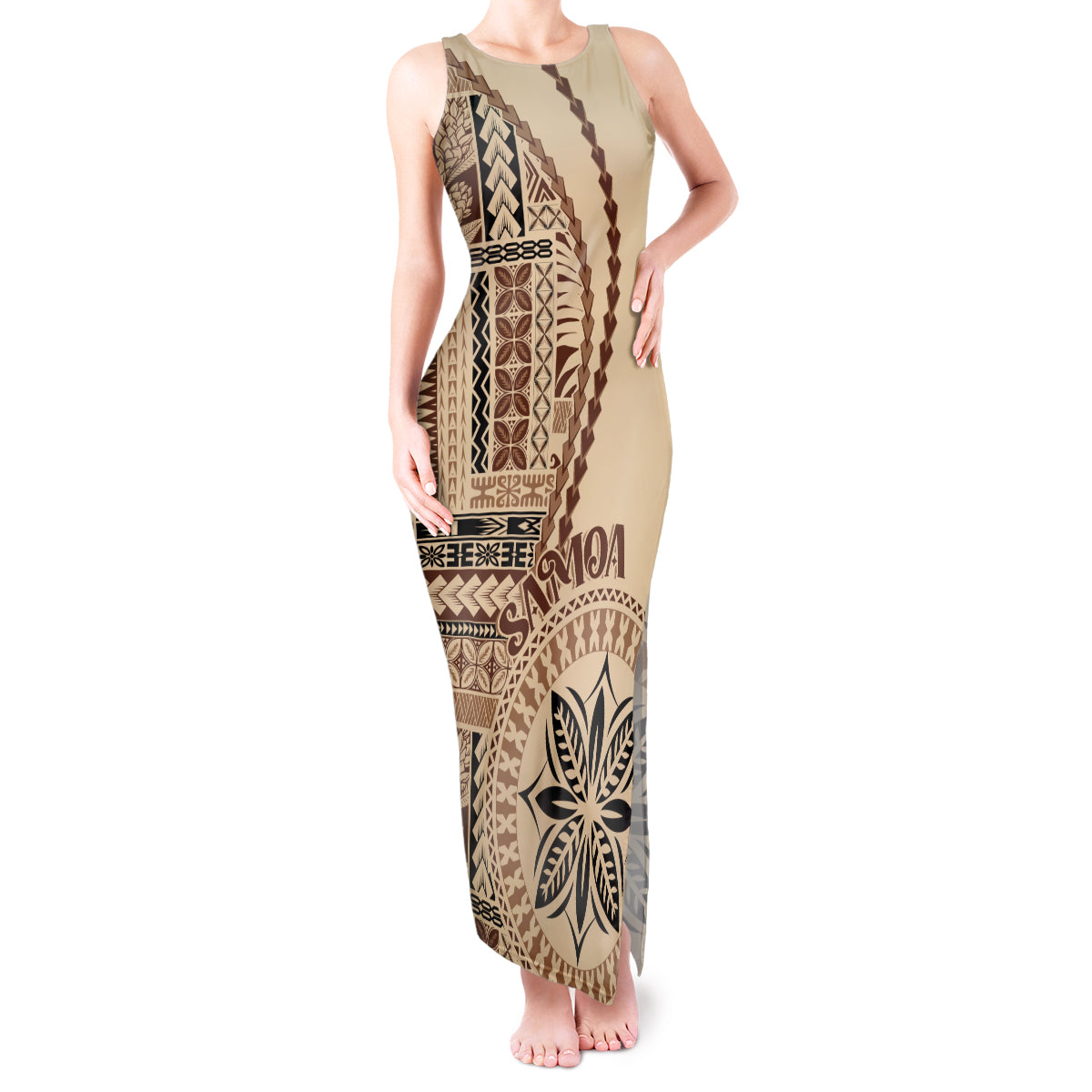 Samoa Siapo Motif Tank Maxi Dress Classic Style LT7 Women Beige - Polynesian Pride