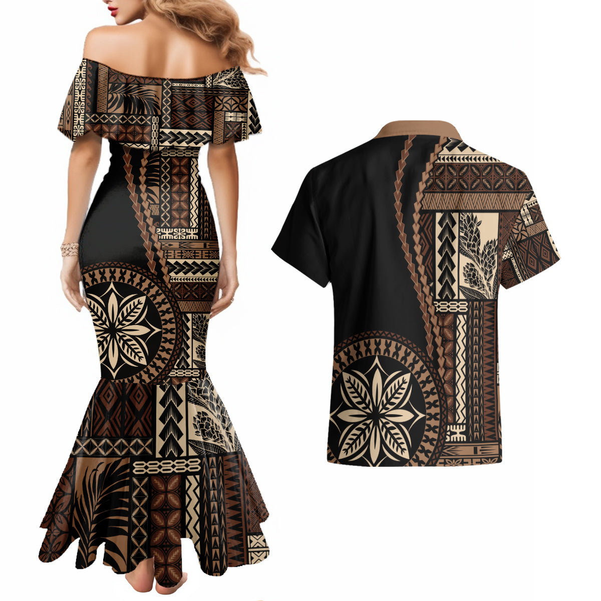 Samoa Siapo Motif Couples Matching Mermaid Dress and Hawaiian Shirt Classic Style - Black Ver LT7 - Polynesian Pride