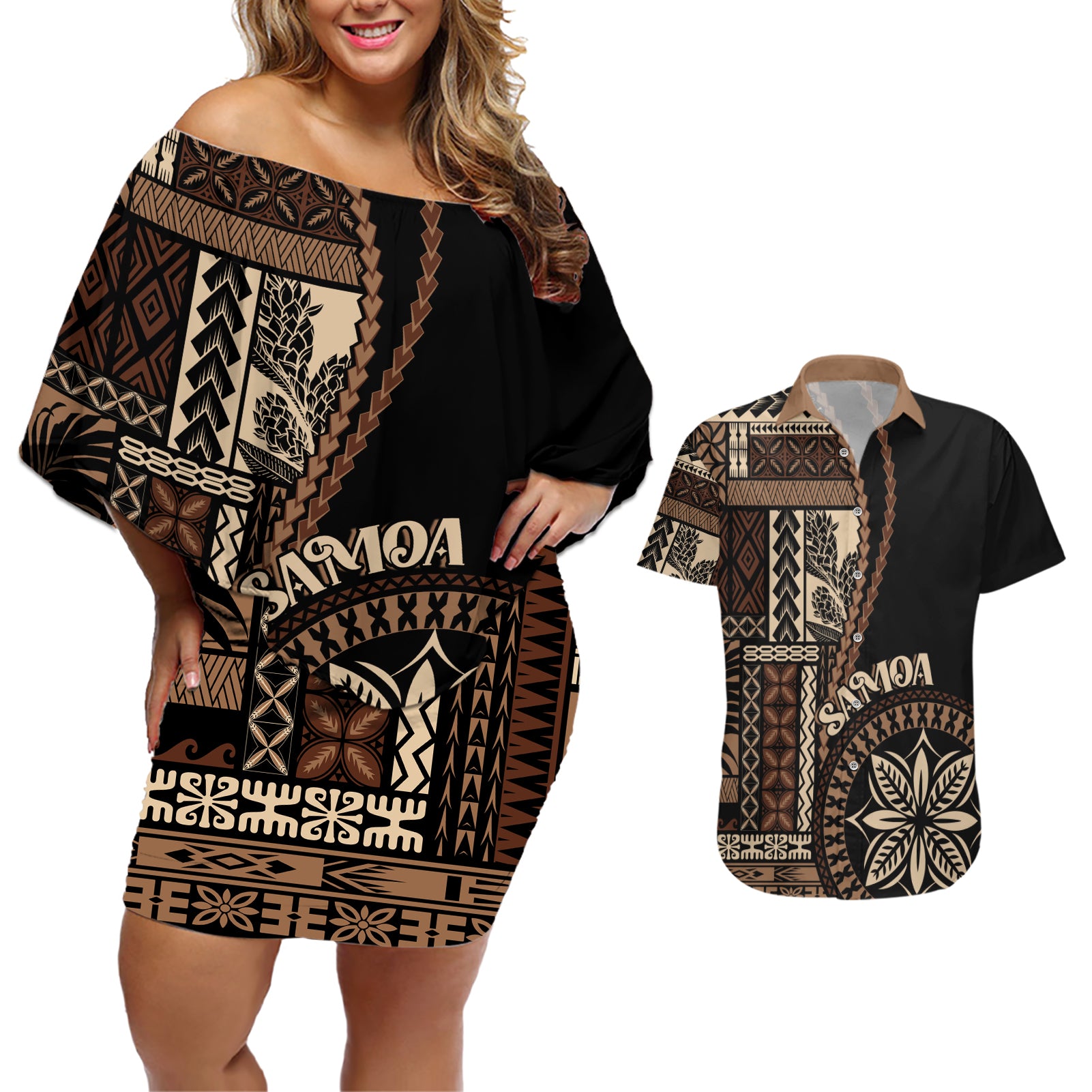 Samoa Siapo Motif Couples Matching Off Shoulder Short Dress and Hawaiian Shirt Classic Style - Black Ver LT7 Black - Polynesian Pride