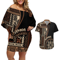 Samoa Siapo Motif Couples Matching Off Shoulder Short Dress and Hawaiian Shirt Classic Style - Black Ver LT7 Black - Polynesian Pride