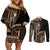 Samoa Siapo Motif Couples Matching Off Shoulder Short Dress and Long Sleeve Button Shirt Classic Style - Black Ver LT7 Black - Polynesian Pride
