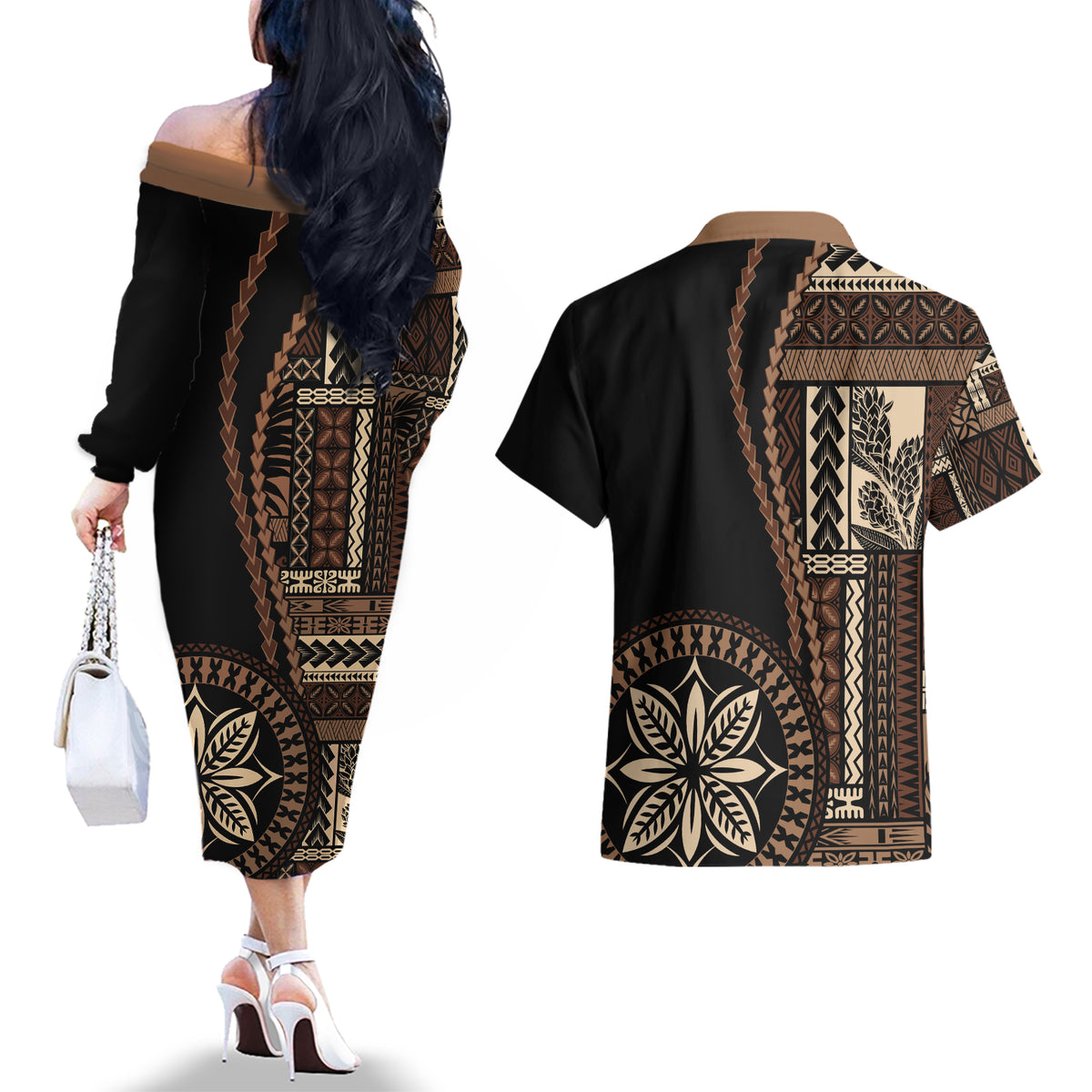 Samoa Siapo Motif Couples Matching Off The Shoulder Long Sleeve Dress and Hawaiian Shirt Classic Style - Black Ver LT7 - Polynesian Pride
