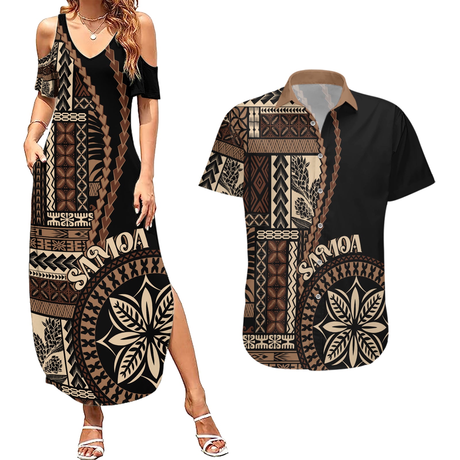 Samoa Siapo Motif Couples Matching Summer Maxi Dress and Hawaiian Shirt Classic Style - Black Ver LT7 Black - Polynesian Pride