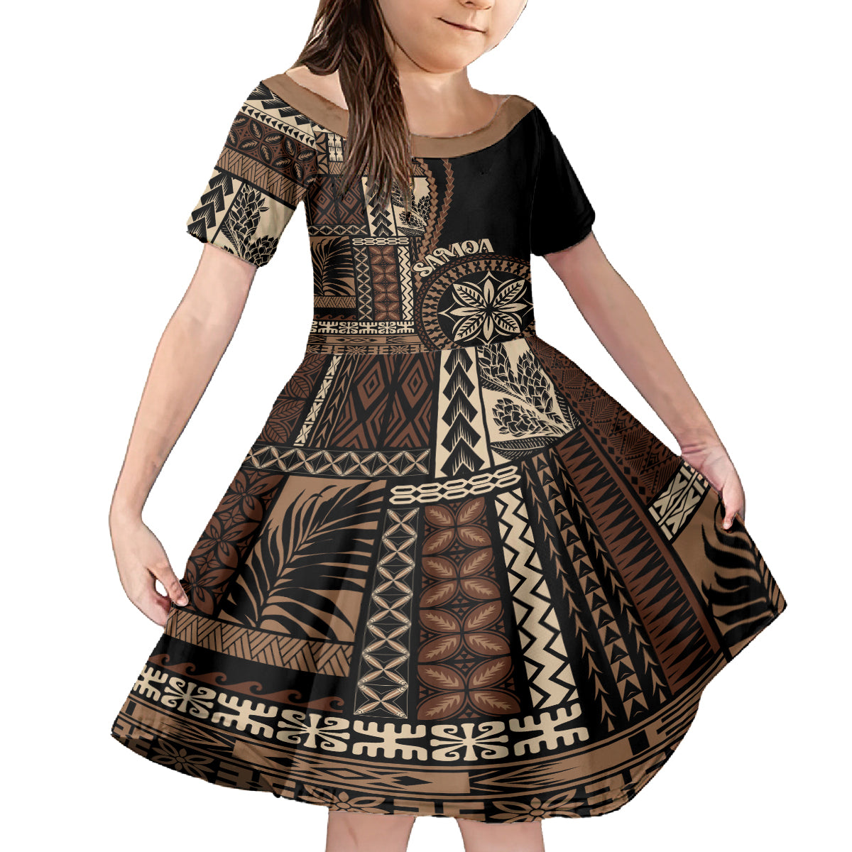 Samoa Siapo Motif Family Matching Long Sleeve Bodycon Dress and Hawaiian Shirt Classic Style - Black Ver LT7 Daughter's Dress Black - Polynesian Pride