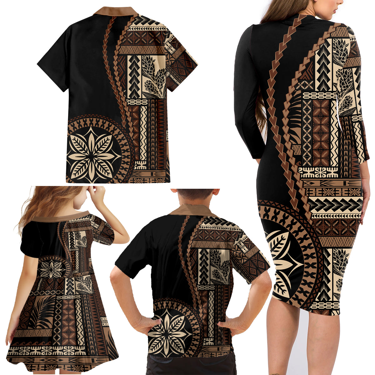 Samoa Siapo Motif Family Matching Long Sleeve Bodycon Dress and Hawaiian Shirt Classic Style - Black Ver LT7 - Polynesian Pride