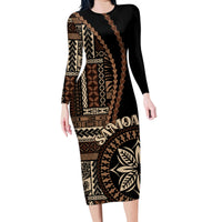 Samoa Siapo Motif Family Matching Long Sleeve Bodycon Dress and Hawaiian Shirt Classic Style - Black Ver LT7 Mom's Dress Black - Polynesian Pride