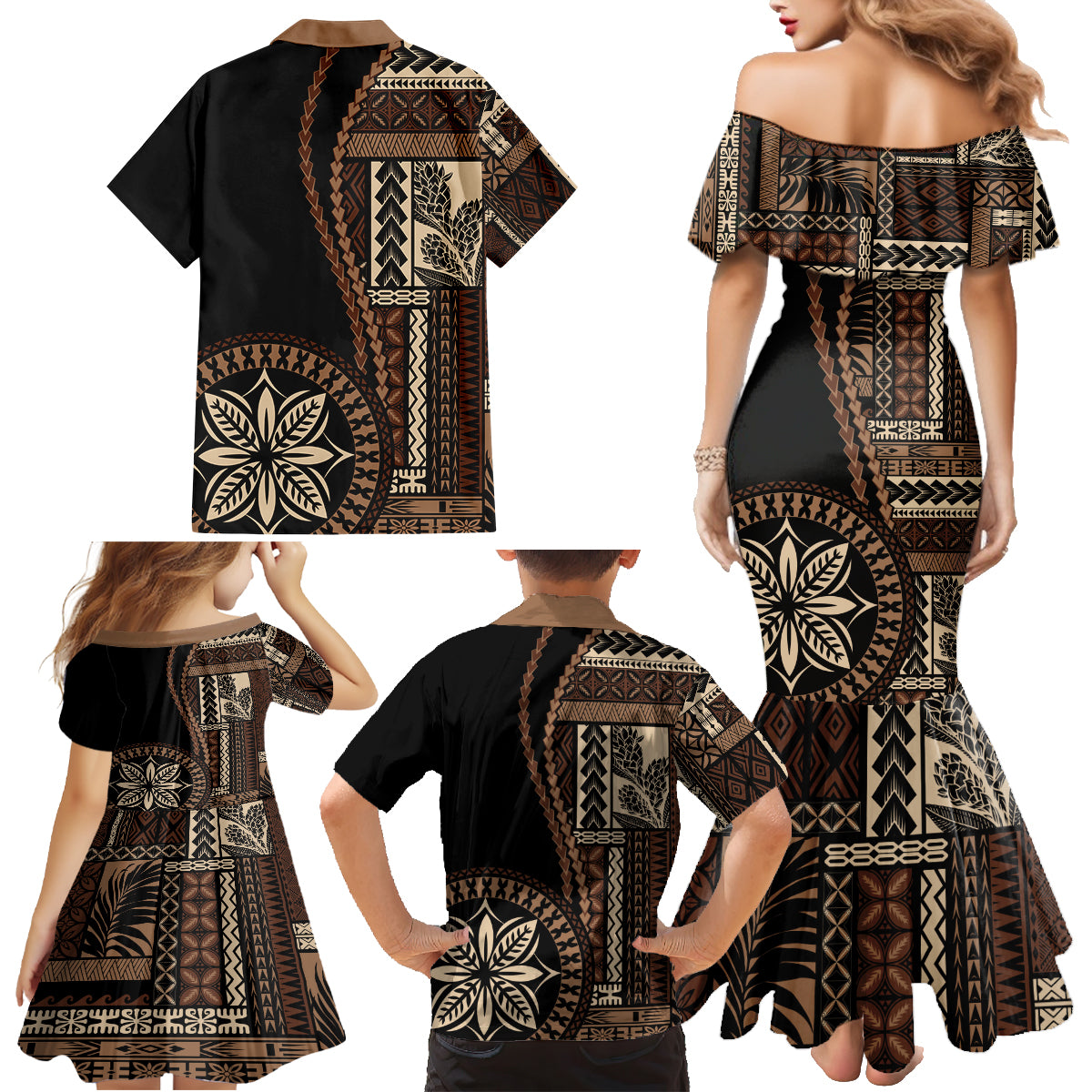 Samoa Siapo Motif Family Matching Mermaid Dress and Hawaiian Shirt Classic Style - Black Ver LT7 - Polynesian Pride