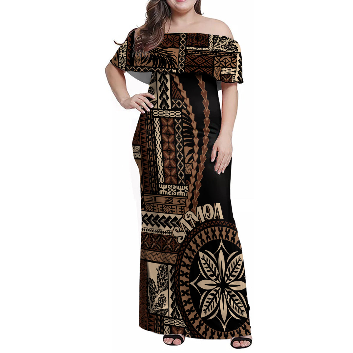 Samoa Siapo Motif Family Matching Off Shoulder Maxi Dress and Hawaiian Shirt Classic Style - Black Ver LT7 Mom's Dress Black - Polynesian Pride