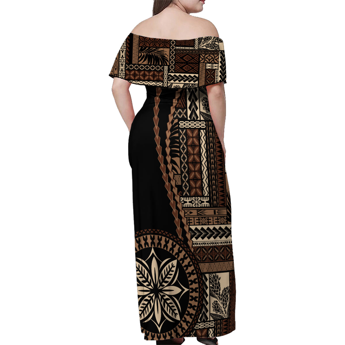 Samoa Siapo Motif Family Matching Off Shoulder Maxi Dress and Hawaiian Shirt Classic Style - Black Ver LT7 - Polynesian Pride