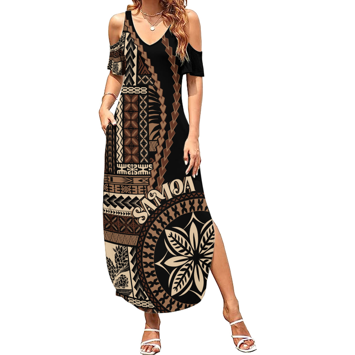Samoa Siapo Motif Family Matching Summer Maxi Dress and Hawaiian Shirt Classic Style - Black Ver LT7 Mom's Dress Black - Polynesian Pride