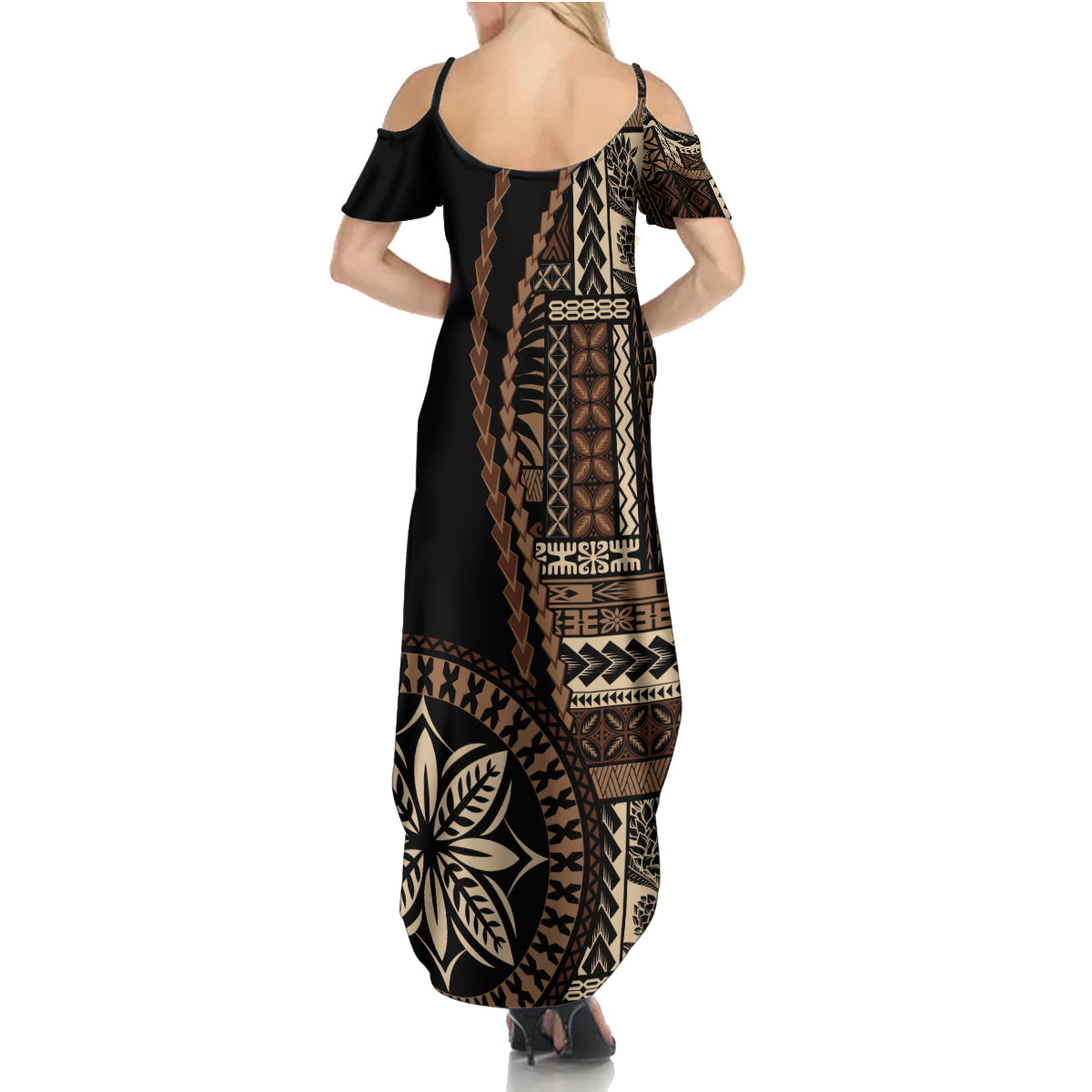 Samoa Siapo Motif Family Matching Summer Maxi Dress and Hawaiian Shirt Classic Style - Black Ver LT7 - Polynesian Pride