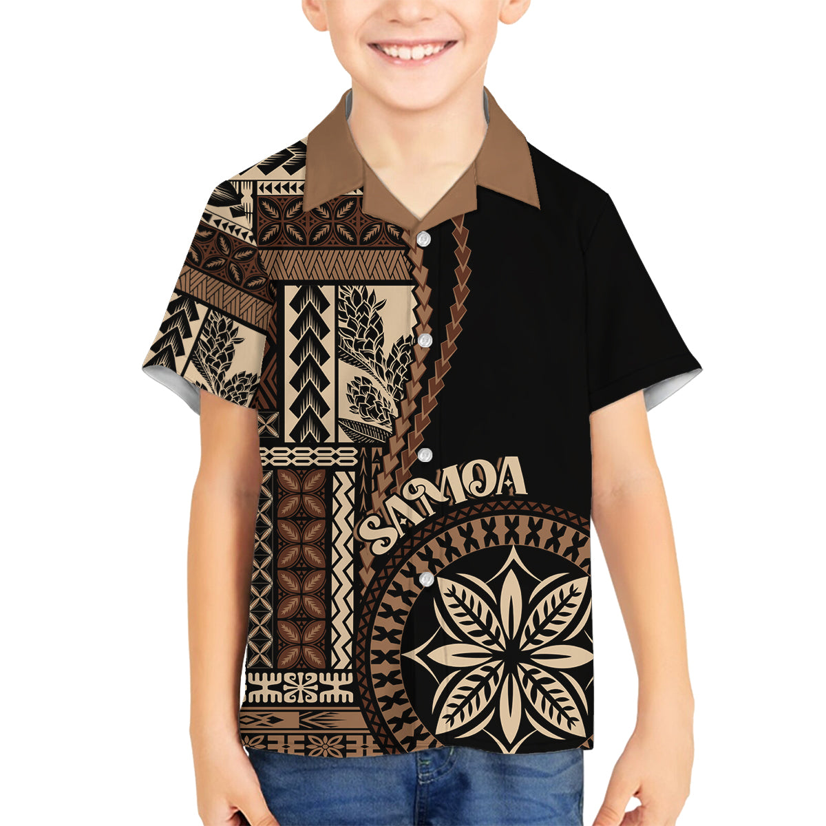 Samoa Siapo Motif Family Matching Tank Maxi Dress and Hawaiian Shirt Classic Style - Black Ver LT7 Son's Shirt Black - Polynesian Pride