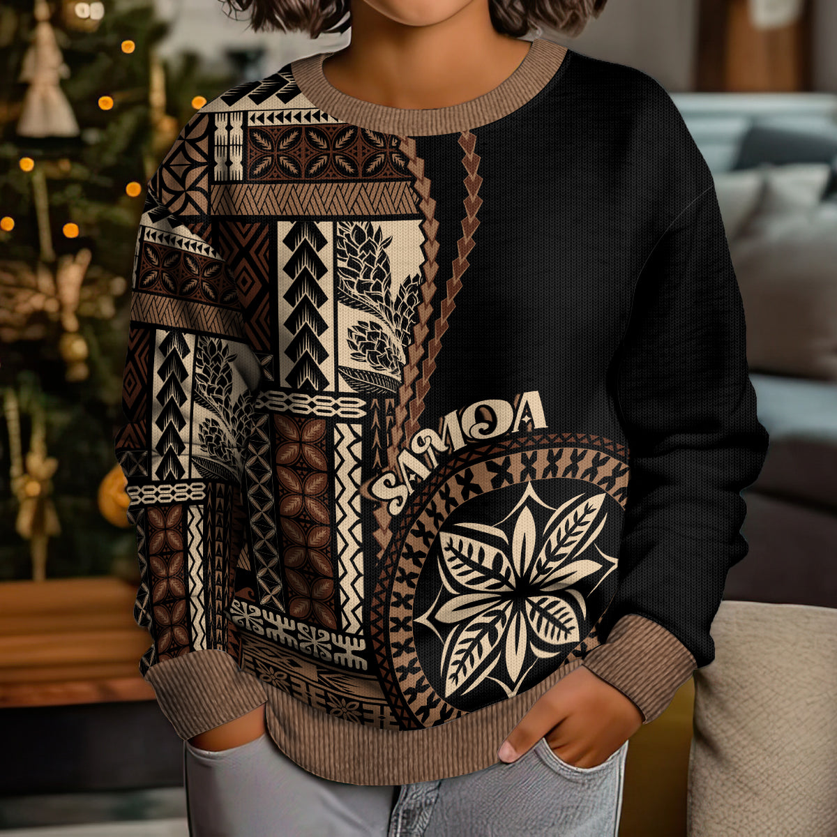Samoa Siapo Motif Kid Ugly Christmas Sweater Classic Style - Black Ver LT7 - Polynesian Pride